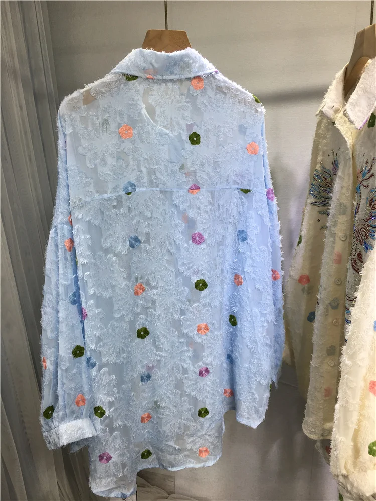 Fashion Women's 2024 Summer New Rhinestone Shirt High Luxury Phoenix Embroidery Polka Dot Light Breathable Loose Mid-Length Coat