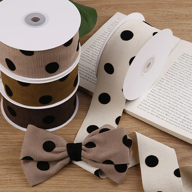 10 Yards 50MM Polka Dots Flocking Tape Black White Ribbon Hair Bows DIY Crafts Handmade Accessories Sewing Supplies