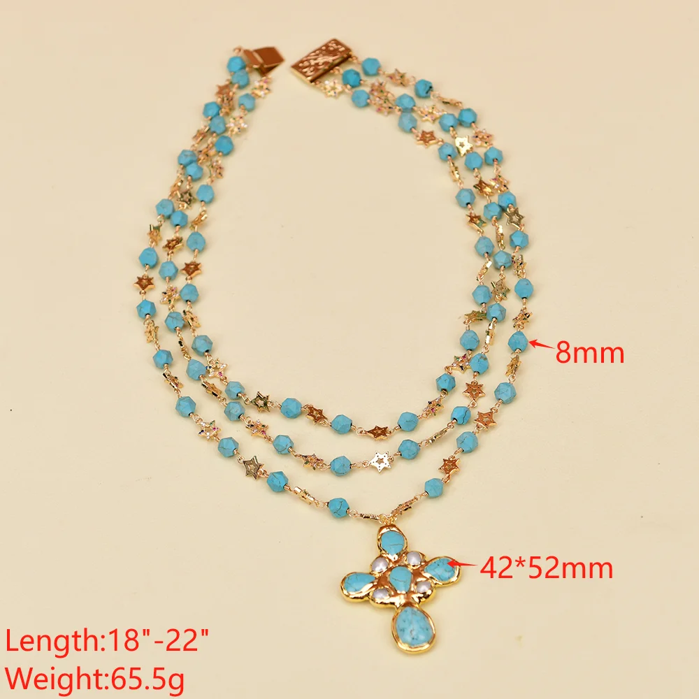 G-G 18\'\' Blue Round Faceted Turquoise CZ Stars Chain Necklace Gold Edge Plated Turquoise Pearl Pendant