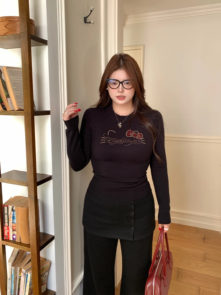 

Женский свитер больших размеров с длинными рукавами, модный, со стразами, повседневный, зимний, новый, омолаживающий, универсальный, вязаный топ