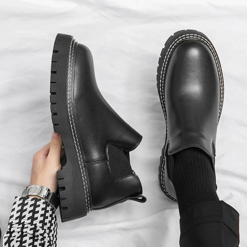 Brand Genuine Leather Platform Chelsea Boot for Men Black Formal Boots British Style Men Light Ankle Boots Business Casual Shoes