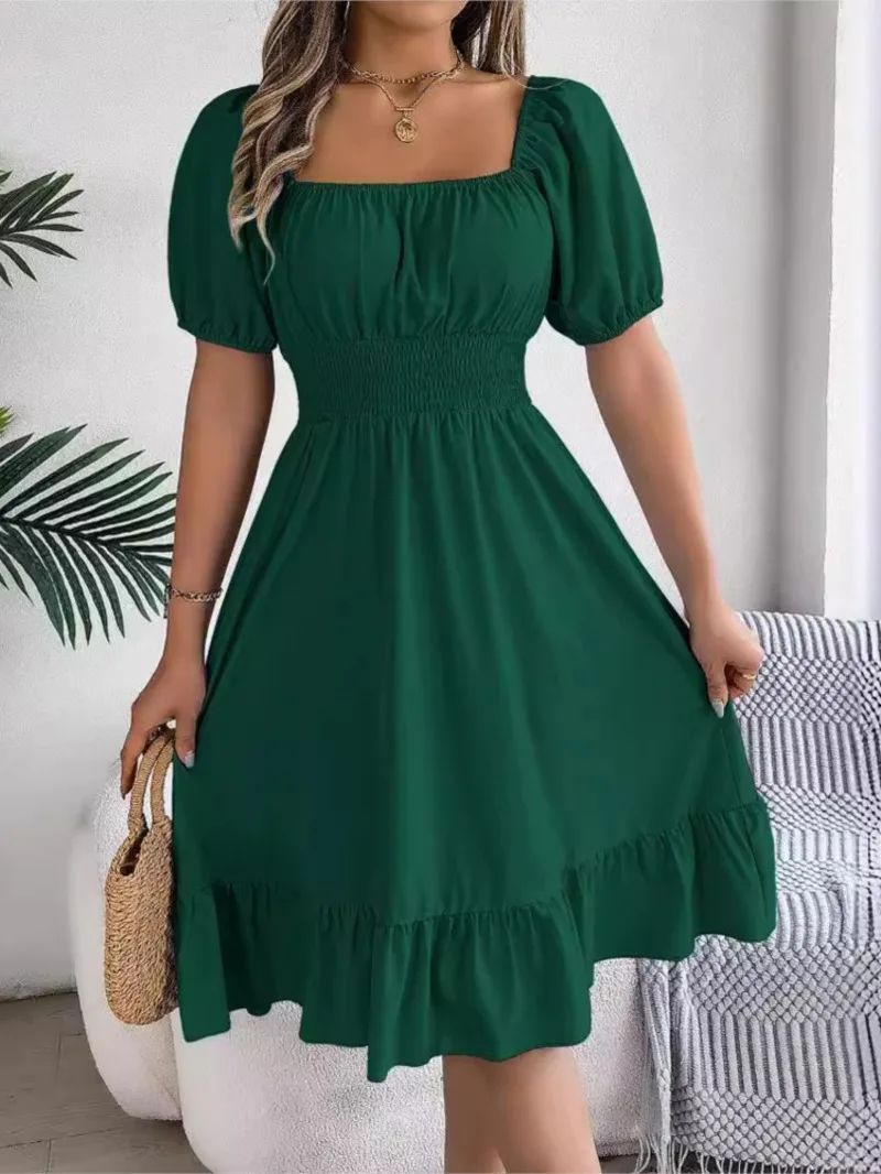 여성 MIidi 드레스 2025 여름 캐주얼 스퀘어 넥 반팔 허리 프릴 에지 드레스 여성 우아한 Платья Женские GZ7N