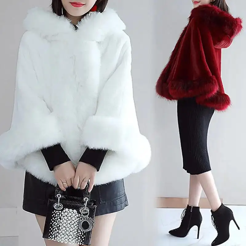 4 Colors Winter Women Faux Fox Fur Collar Poncho Cape Overcoat With Hat Big Pendulum Shawl Warm Out Streetwear Cloak For Wedding
