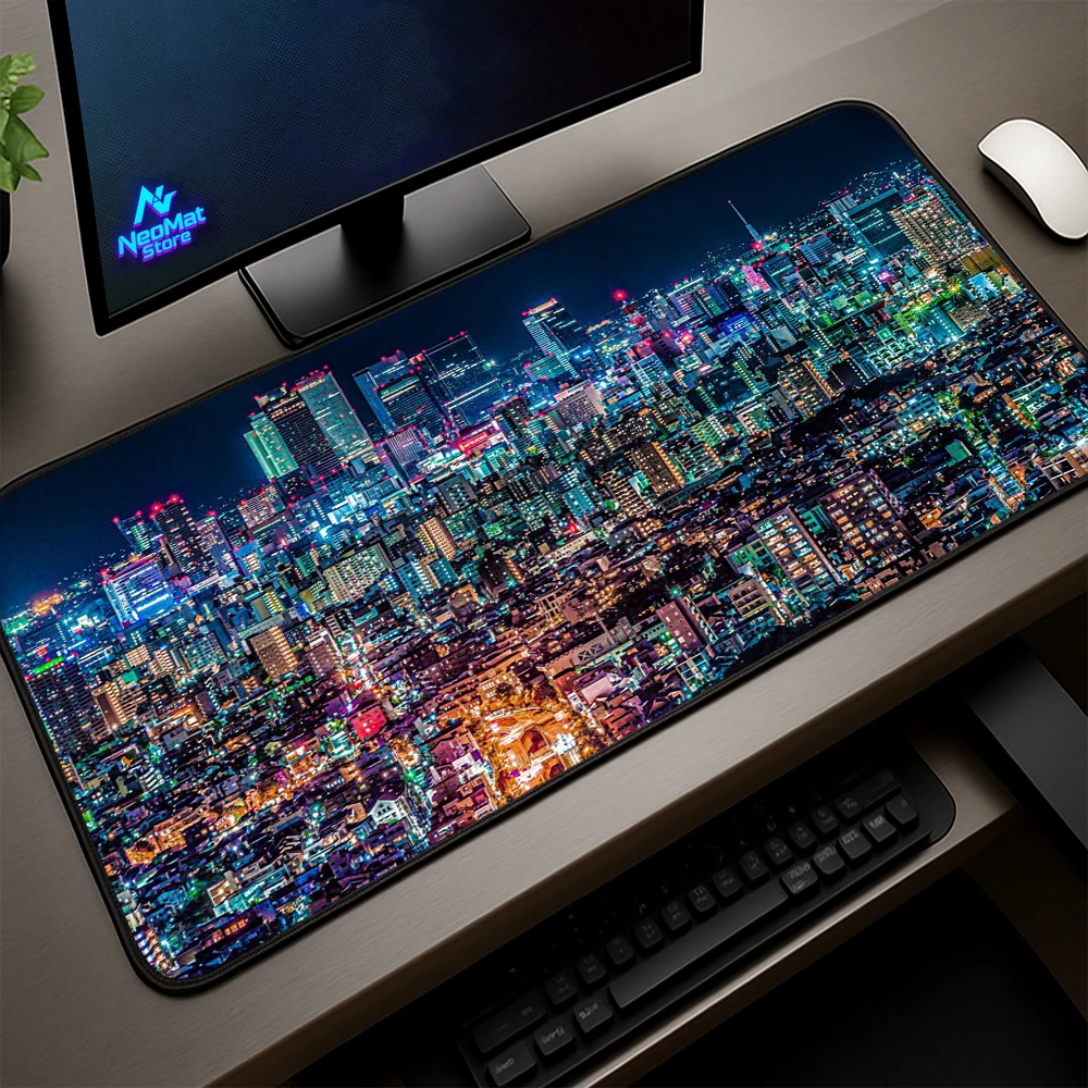 Cityscape Desk Mat Pixel Art Carpet Cyberpunk Neon Gaming Aesthetic LED City Mouse Pad Large Computer Table Mats for Desktop