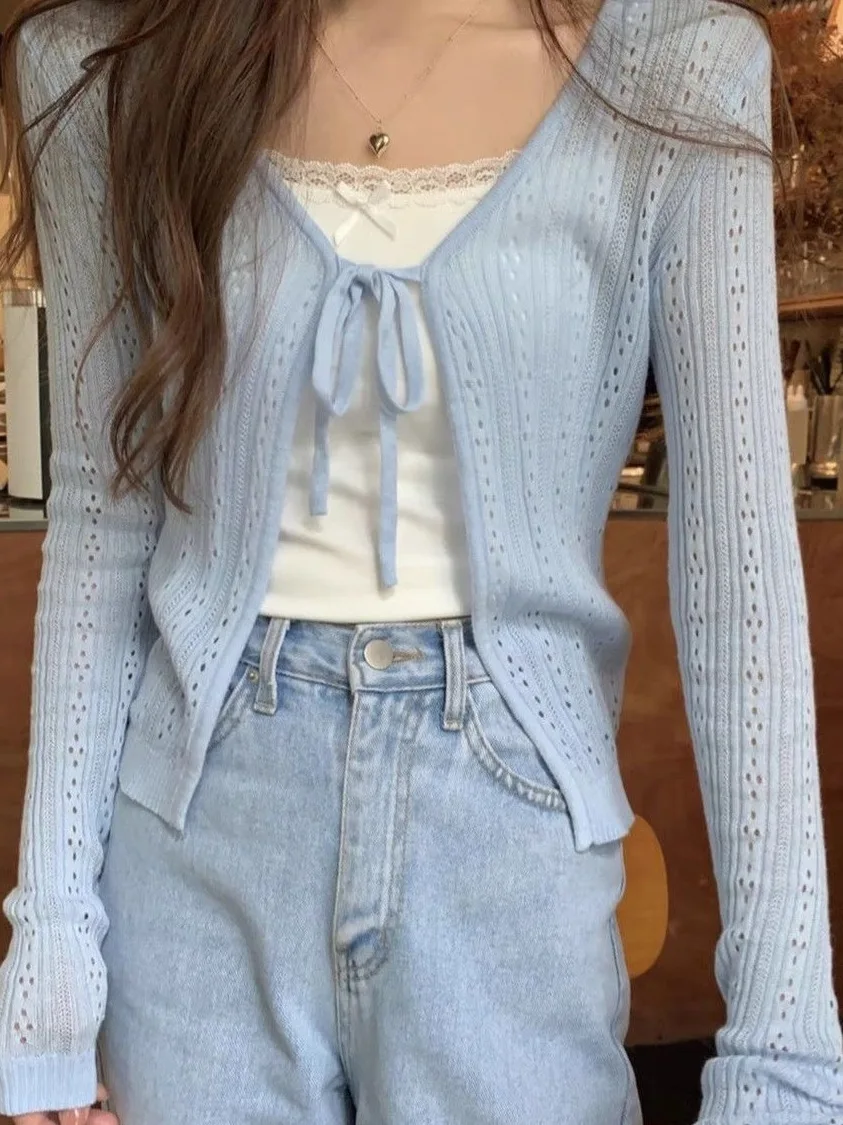 Korean Style Hollow out Belted Summer Ice Silk Thin Cardigan Women's Loose Knitted Outerwear Anti UV Breathable V-Neck Top