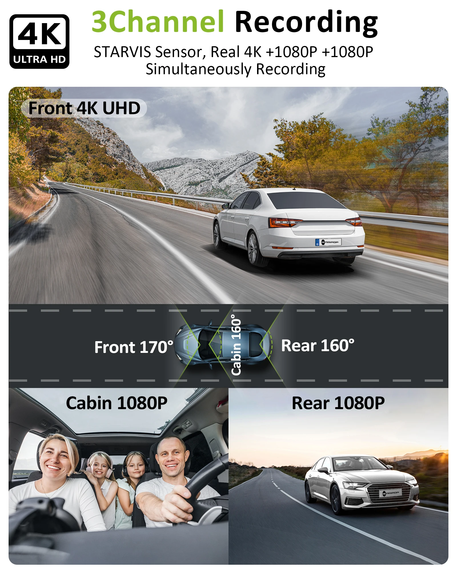 4k 3 channel dash cam , Starvis sensor dash camera front rear,24/7 parking mode,night vision ,64GB card included