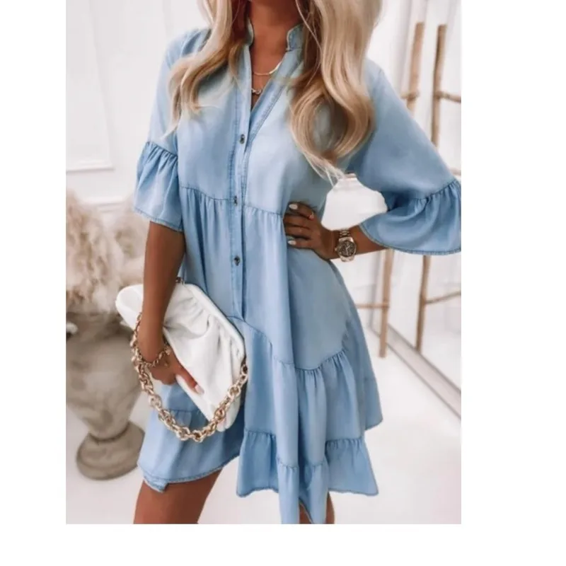 엘레강스 데일리 여성 드레스 2025 여름 솔리드 컬러 브이넥 미디 슬리브 A라인 패턴 스탠드 칼라 러플 셔츠 드레스（데님 아님）