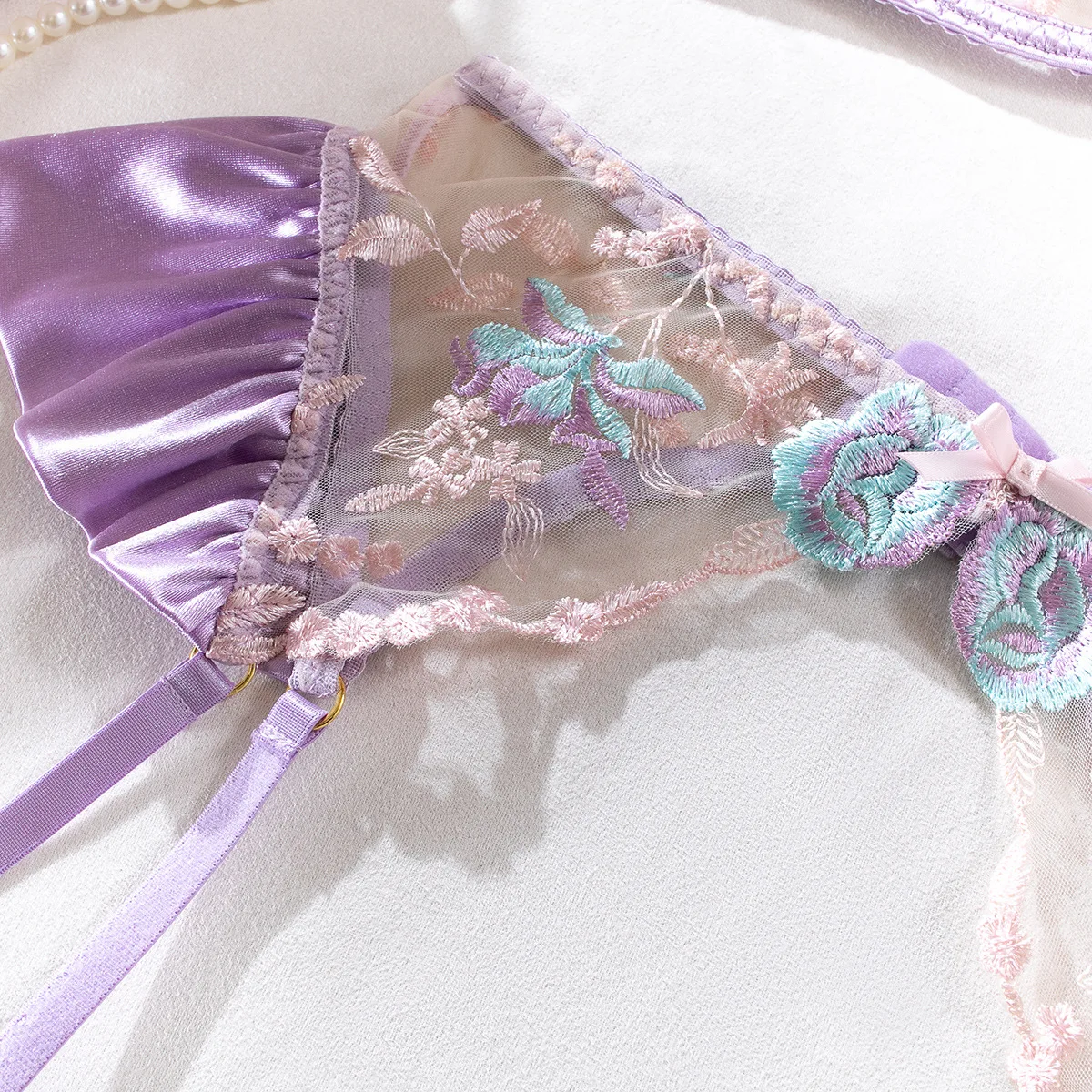 Lencería Sensual para mujer, ropa interior de seda transparente Floral elegante, liguero transparente, conjuntos exótico
