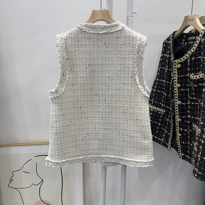 Autumn Winter New White Coarse Tweed Fragrant Style Sleeveless Vest Round Neck and Double Pockets Frayed Edges