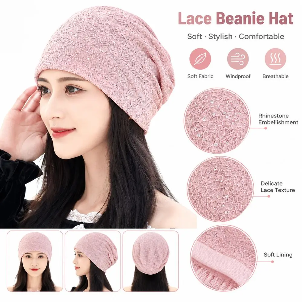 Gifts Lace Lace Beanie Hat Double Layer Floral Pattern Rhinestone Skull Cap Soft Lining Rhinestone Stretch Turban Women