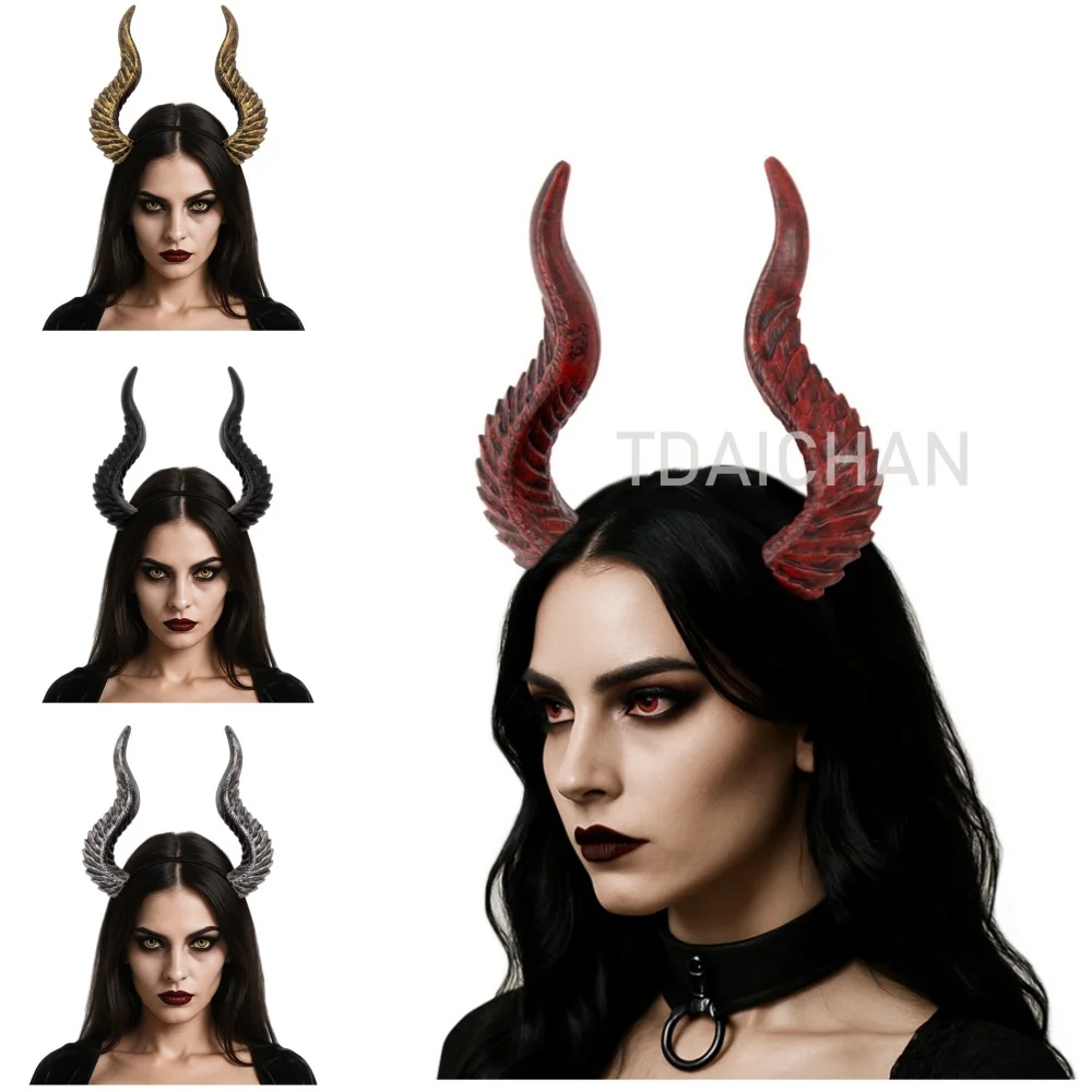 2025 هالوين تأثيري الشيطان القرن الشعر هوب لتقوم بها بنفسك الجمعية كوس إكسسوارات الشعر الدعائم شيطان الثور تشوه القرن