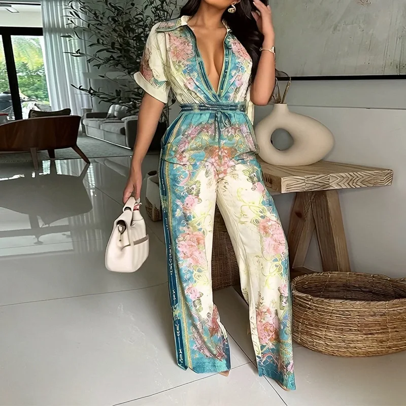 2026 spring new temperament elegant sexy V-neck retro floral print jumpsuit