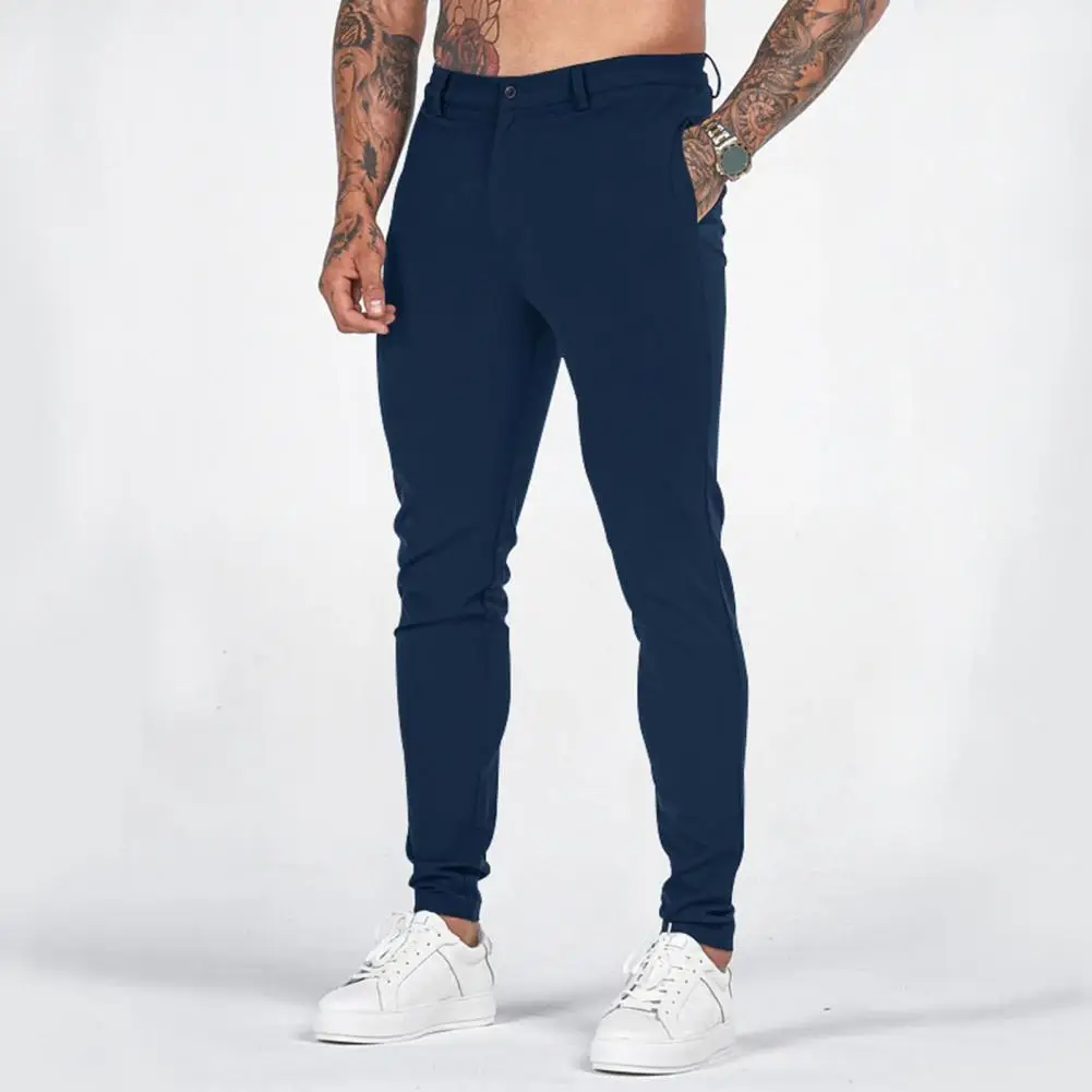 Men Casual Trousers Men Soft Trousers Stylish Men's Slim Fit Ankle Length Pants Soft Breathable Fabric Mid Waist for Commuting