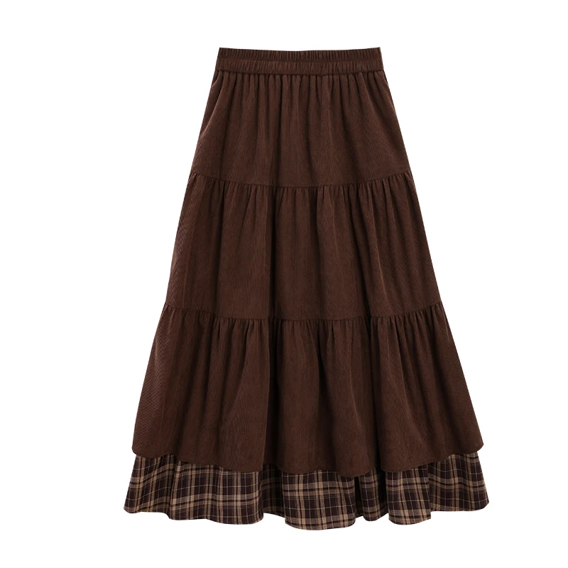 ALXNAN براون منقوشة المرقعة تنورة الخريف طويلة ألف خط المرأة كعكة التنانير موضة خمر مرونة الخصر القوس شق الملابس L57227