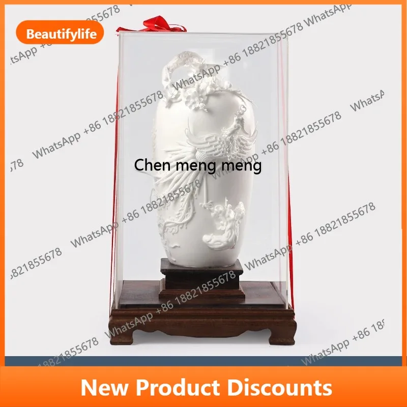 C56 White porcelain   suet jade porcelain bottle, living room wine cabinet, hand-carved phoenix vase ornament, jewelry artwork