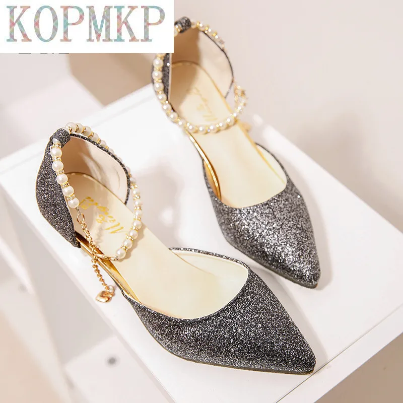 Sexy Pointed Toe Pearl wysokie obcasy buty kobiece moda Hollow z sandałami błyskotka cienkich oddychających butów kobiet pompy