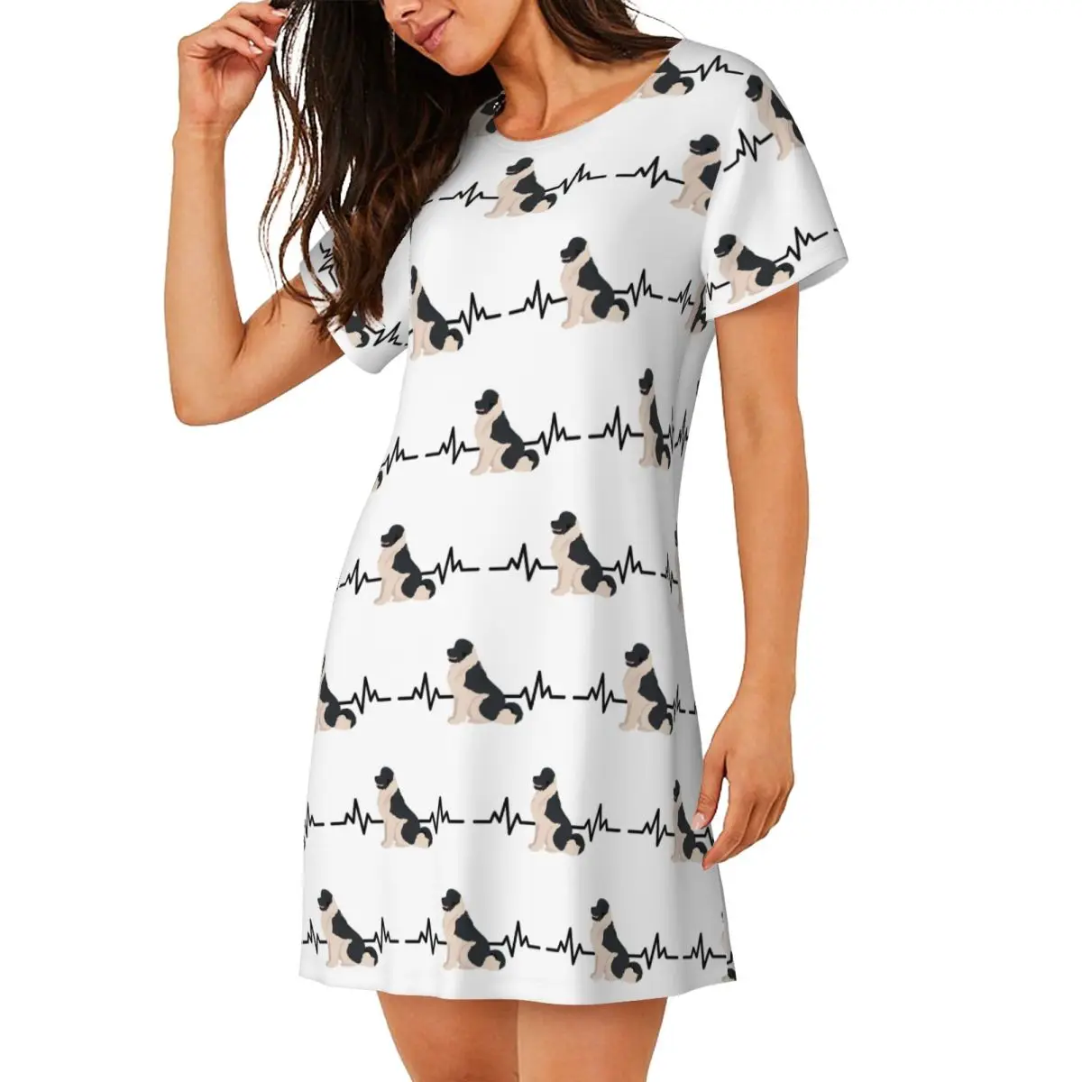 Custom Newfoundland Dog Heartbeat Short Sleeves Nightdress For Sleeping Sleepshirts Women Short Sleeve Nightgowns Pajama Dress
