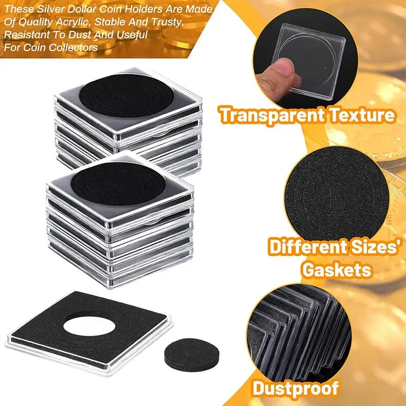 10/20Pcs Clear Square Coin Snap Holders with Adjustable Gasket Sponge Coin Capsules for Collection Supplies