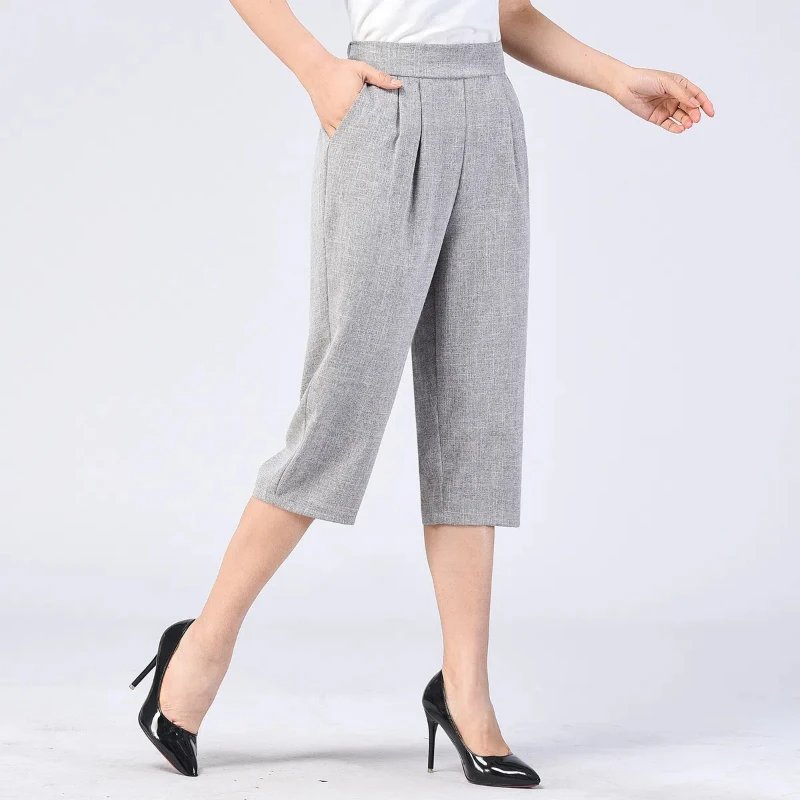 2024 Summer Women's Leisure Fashion Elegant Commuting Cotton and Linen Elastic Waist Mom High Waist Linen Straight Cropped Pants