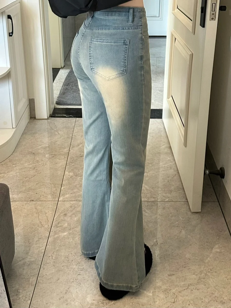 بنطلون جينز أمريكي عتيق الطراز بخصر عالٍ وأرجل واسعة للنساء، مقاسات كبيرة، مرن ونحيف، بطول كامل، بنطلون دنيم أزرق للخريف