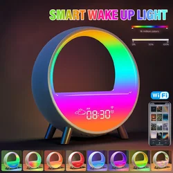 LED Sunrise Wake-up Light Smart Alarm Clock 15W Fast Wireless Charger Night Light for Bedroom Bedside White Noise Ambient Lamp