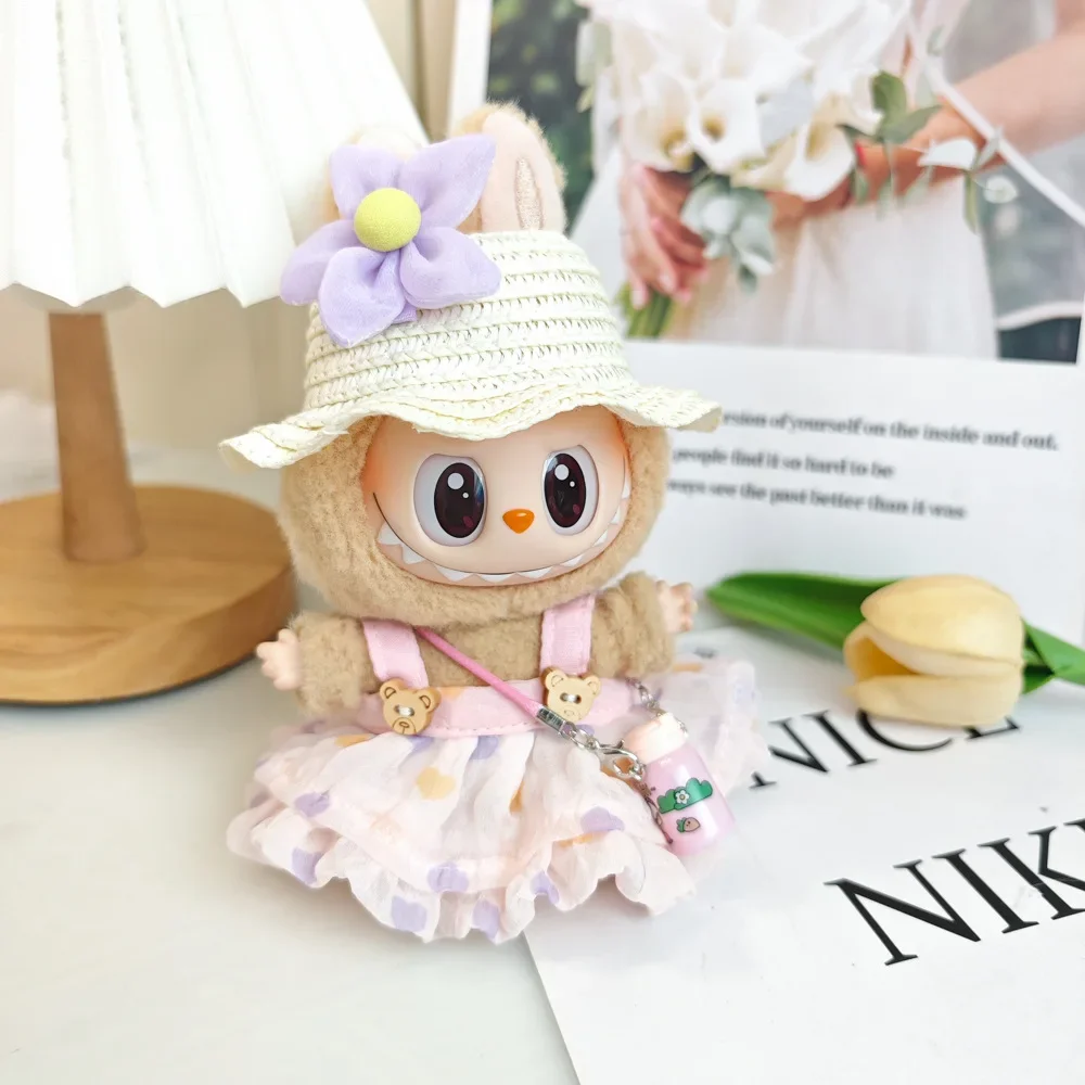 Doll Clothes Outfit Accessories For  Korea Kpop EXO 17cm Labubu Plush Idol Doll's Clothing Wrinkled Dress Knitted Straw Hat Set