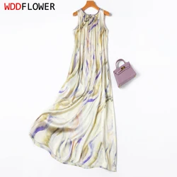 Women Silk Tank Dress 93% Mulberry Silk 7% Spandex Long Type Colorful Printed Sleeveless O Neck Midi Dress Evening Gown M1118