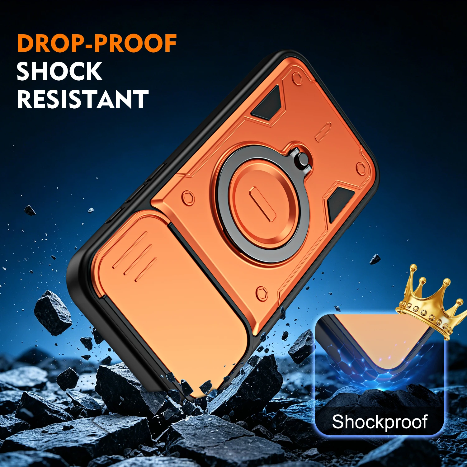 Stoßfeste Hybrid-Doppelschicht-Hülle mit magnetischem Metallringständer für iPhone 17 16 Pro Max, drehbare Schiebe-Kameralinsen-Schutzhülle – Detail 9