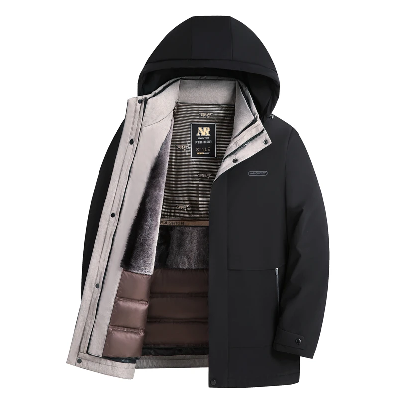 

Мужской повседневный пуховик средней длины с капюшоном, съемной внутренней подкладкой, теплый, зимний, комплект из двух предметов, черный, термо.