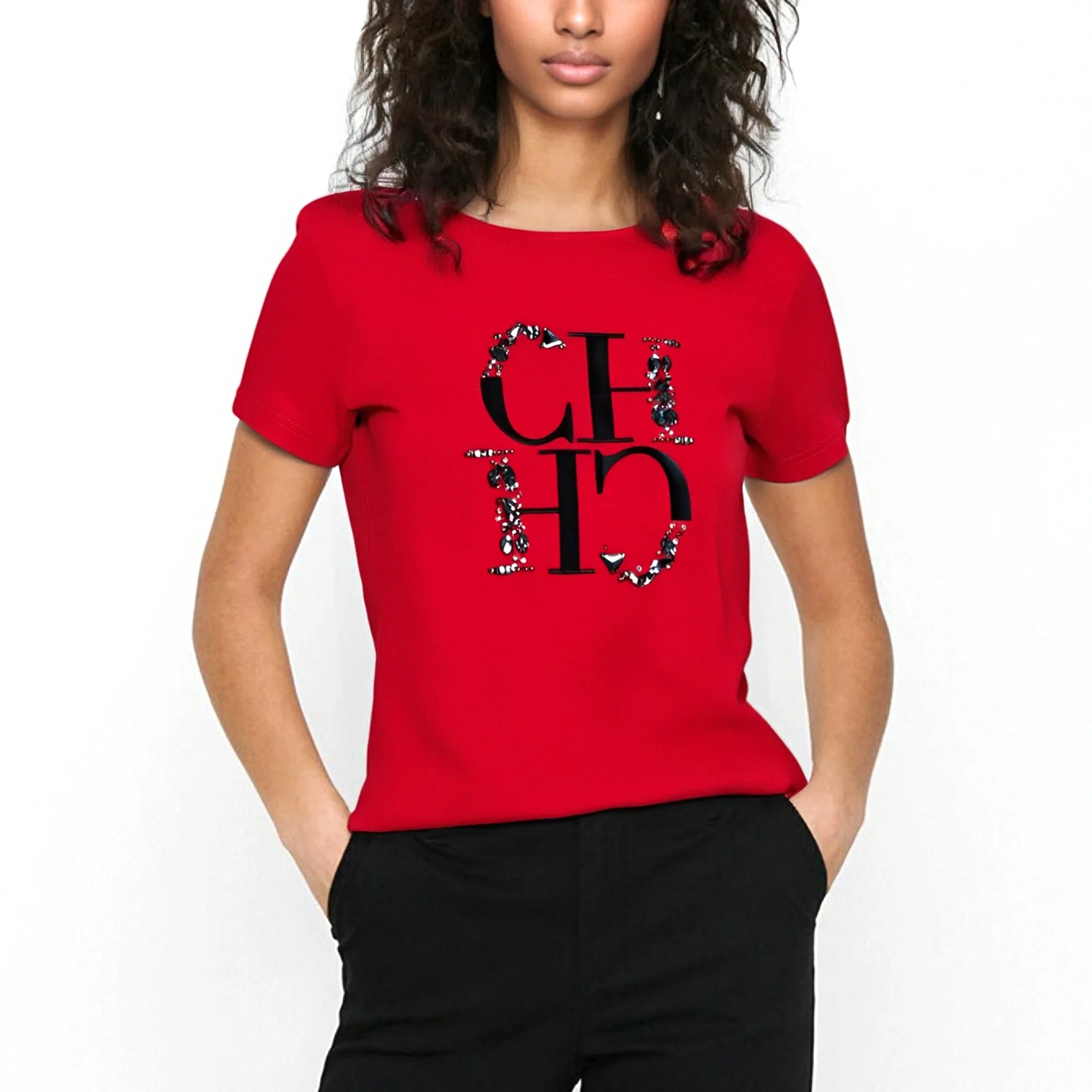 

CHCH Women's T-shirt Fashion Hand Embroidered Casual Round Neck Tops