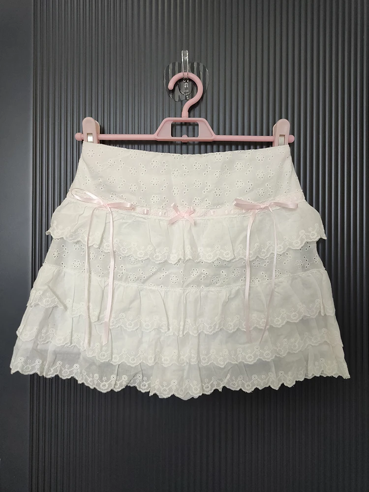 White Shorts Skirts Women Summer Cotton Bows Decoration Lace Trim Multilayer Mini Skirt for Sweet Girls Kawaii Clothes