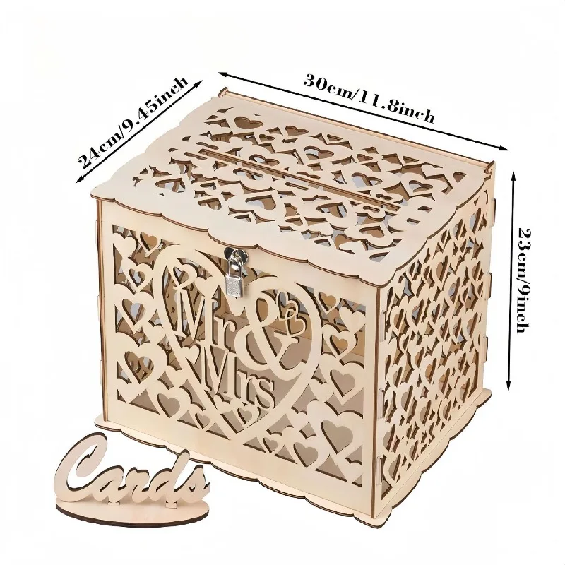 DIY خشبية السيد والسيدة. صندوق هدايا الزفاف - حامل بطاقات متعدد الوظائف مع فتحة نقود لتخزين الحروف وكتاب الضيوف لحفلات الزفاف