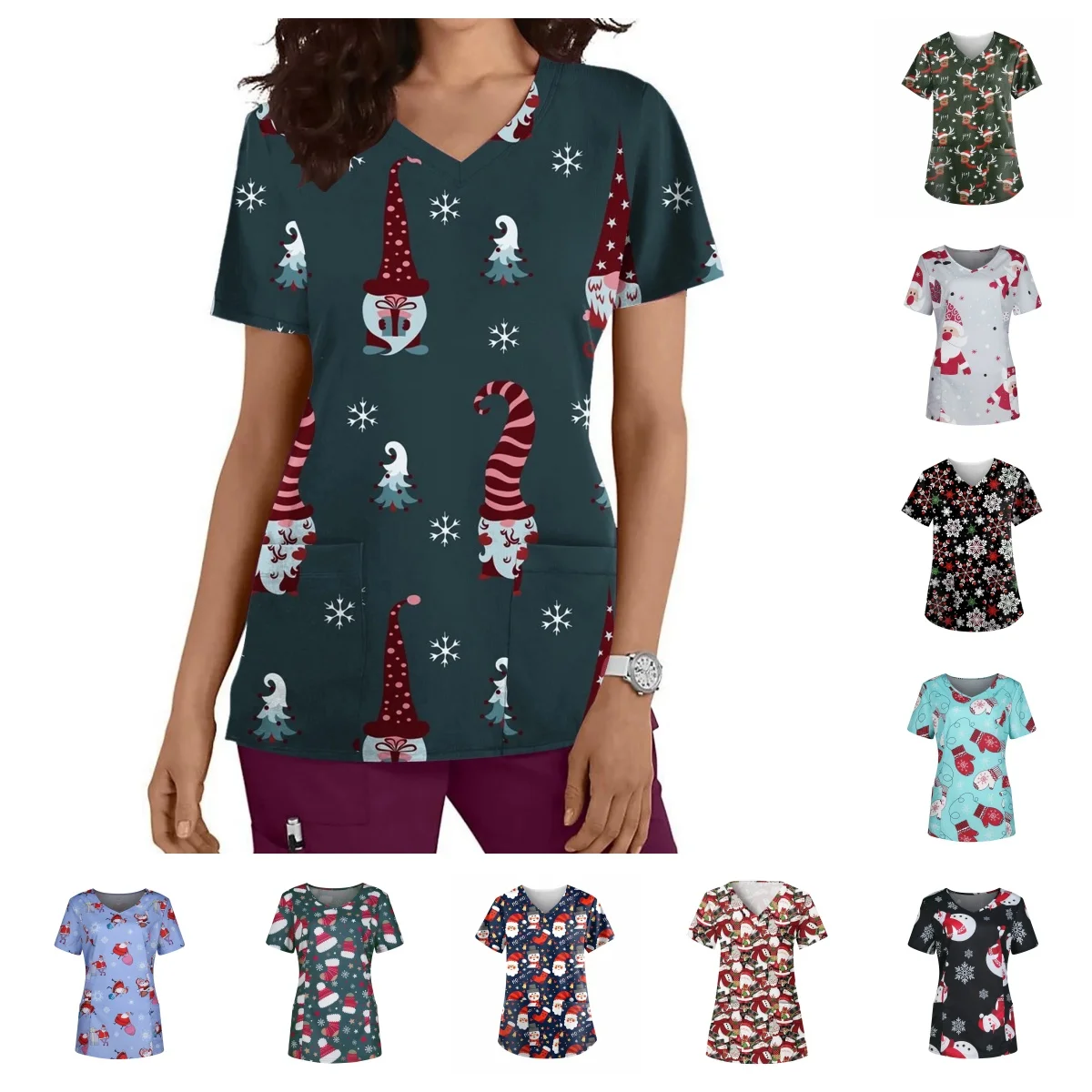 Christmas Holiday 2025 New Clothing Snowman Snowflake Reindeer Print Fashionable High-Quality Scrubs Top Short Sleeve V-Neck Poc