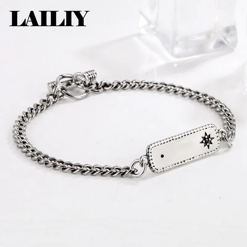 LAILIY 925 Sterling Silver Cuban Chain Rectangular Tag OT Clasp Bracelet For Men Women Fashion Jewelry Party Birthday Gifts