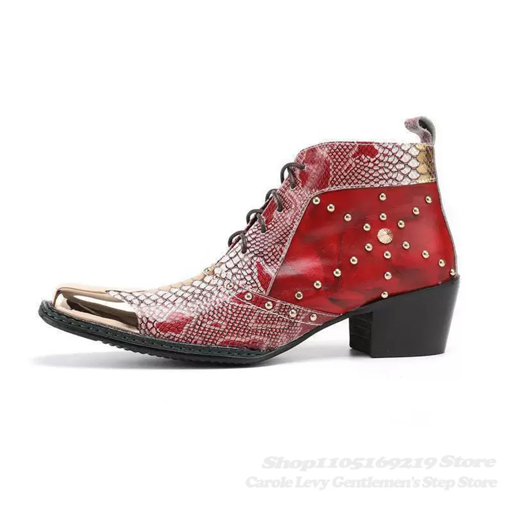 2026 New Fashionable Personalized Square Head Red Short Boots British Style Men Trendy Chunky Heel Lace Up Nightclub Stage Boots