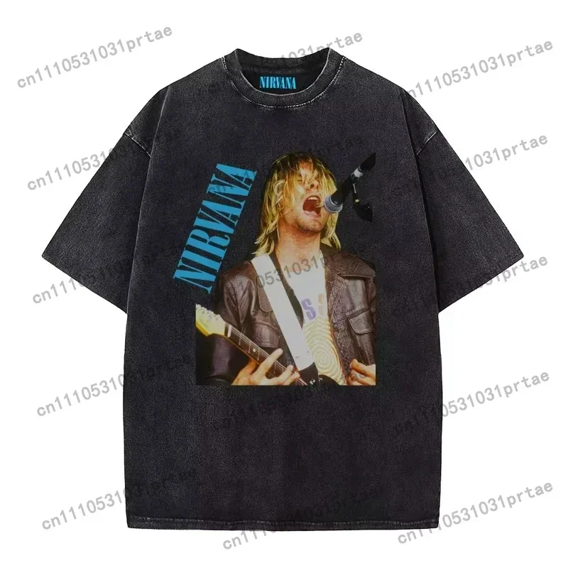Nirvana Band Rock Apocalyptic Cobain Loose Washed Vintage T-Shirt Punk Style Short Sleeve round Neck Art Theme Print Black