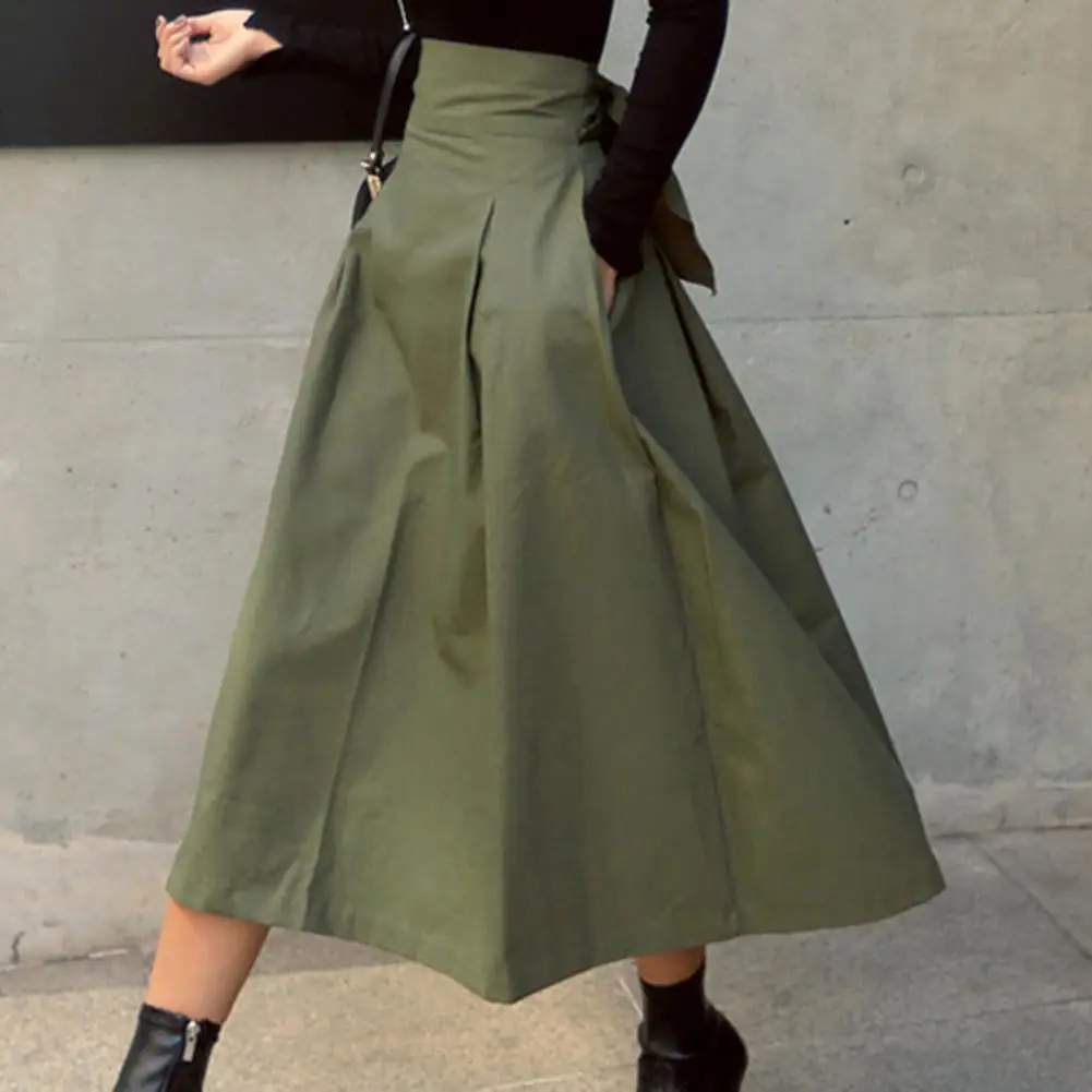 Eleghant Women Long Skirts Solid High Waist Lace-up Flared Skirts Full Length Pure Collar Office Lady Pleated Skirts