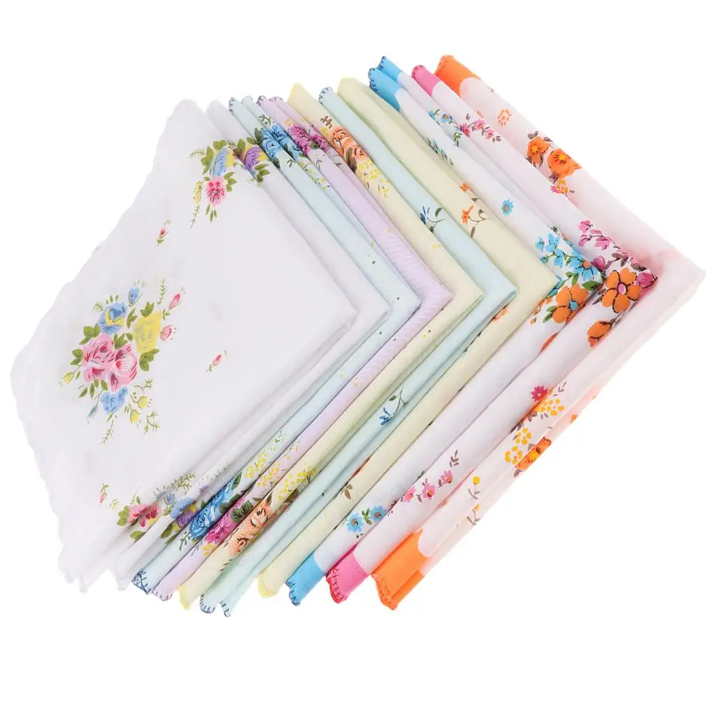 

10x Women Printed Handkerchief Hanky Kerchiefs Square Assorted Colourful Flowers