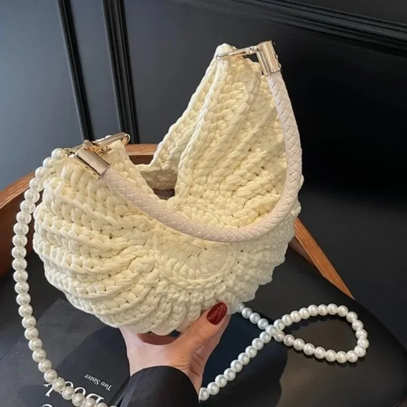 

Fashion Conch Shape Crochet Women Shoulder Bags Funny Cute Pearls Chain Handmade Weave Crossbody Bag Novelty Small Handbags Pur