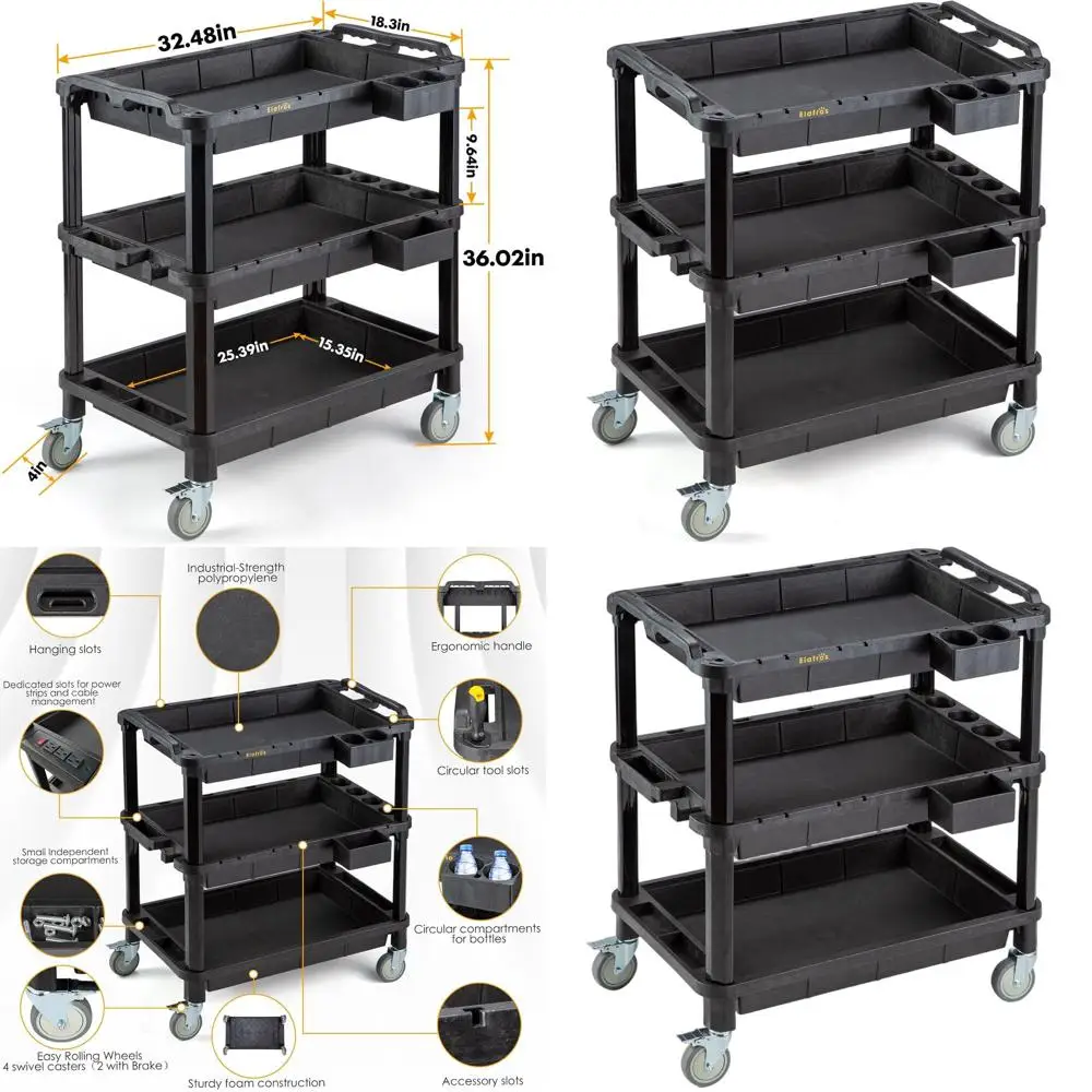 

Усиленная 3-х уровневая тележка-органайзер на колесах, выдерживает до 227 кг, черная