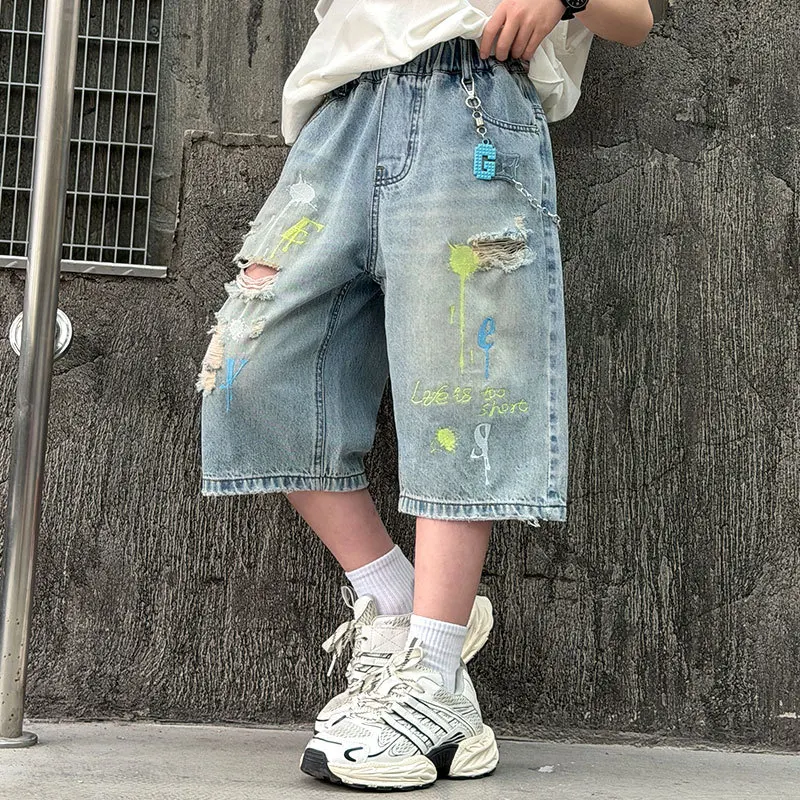 Summer Kids Blue Denim Shorts for Tweens Boys Casual Streetwear Designer Broken Hole Jeans Age 5-14 Years