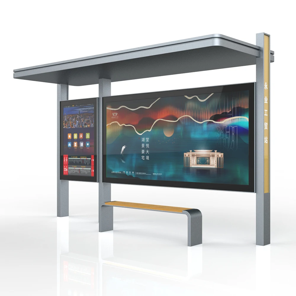 Solar Panel Bus Shelter with Integrated Sign and Lightbox
