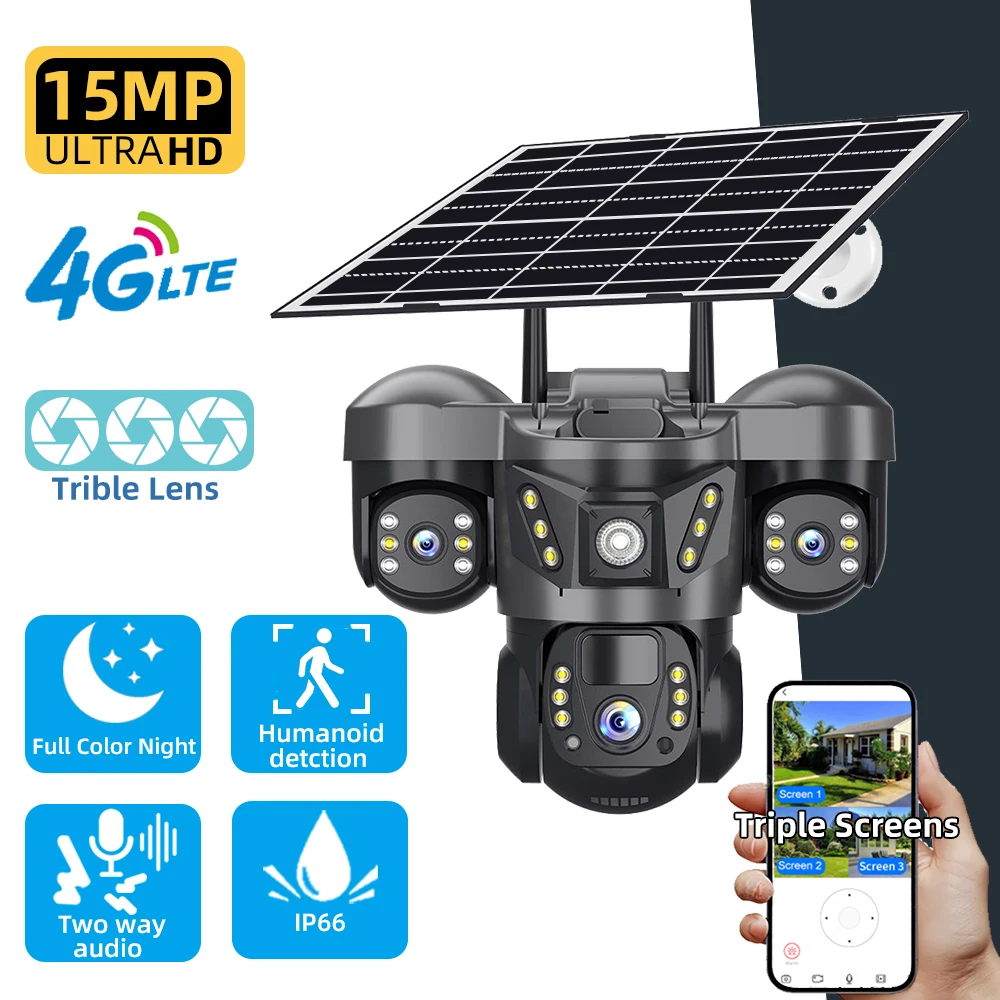 

15MP Three Screens 4G/WiFi IP Camera 10x Optical Zoom PTZ Auto Tracking Color Night Vision Wireless Security Protection Monitor