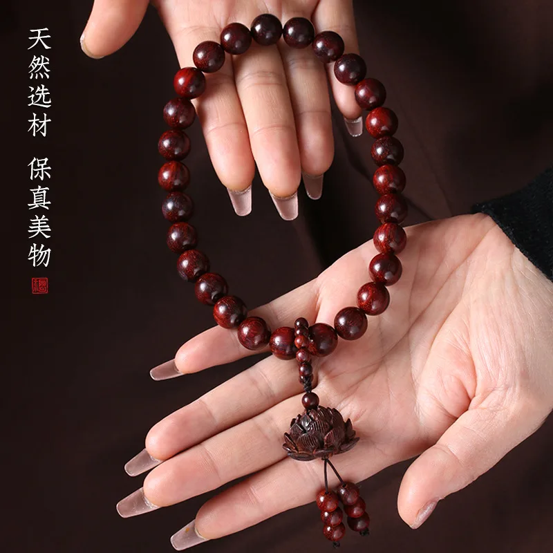Natural Red Sandalwood Lotus Beaded Bracelet: Unisex Couple Prayer Beads, Fidget & Gift