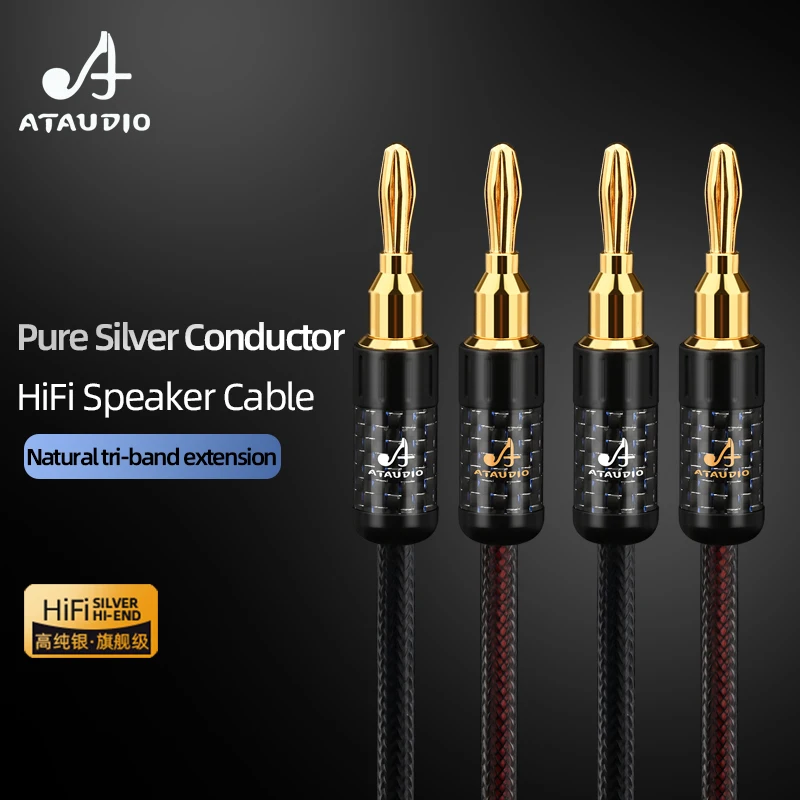 ATAUDIO HiFi Speaker Cable High-end Pure Silver Conductor Speaker Wire for Amplifier HiFi Systems Banana Y Plug Speaker Line
