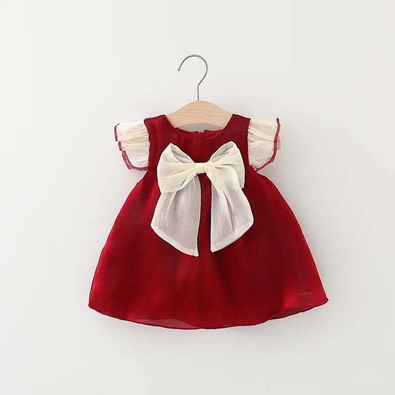 New Year\'s Dress Girl\'s Summer Dress Solid Red Flying Sleeves Bow Twilight Cloud Princess Dress Suitable for 0-3 Year Old Babies