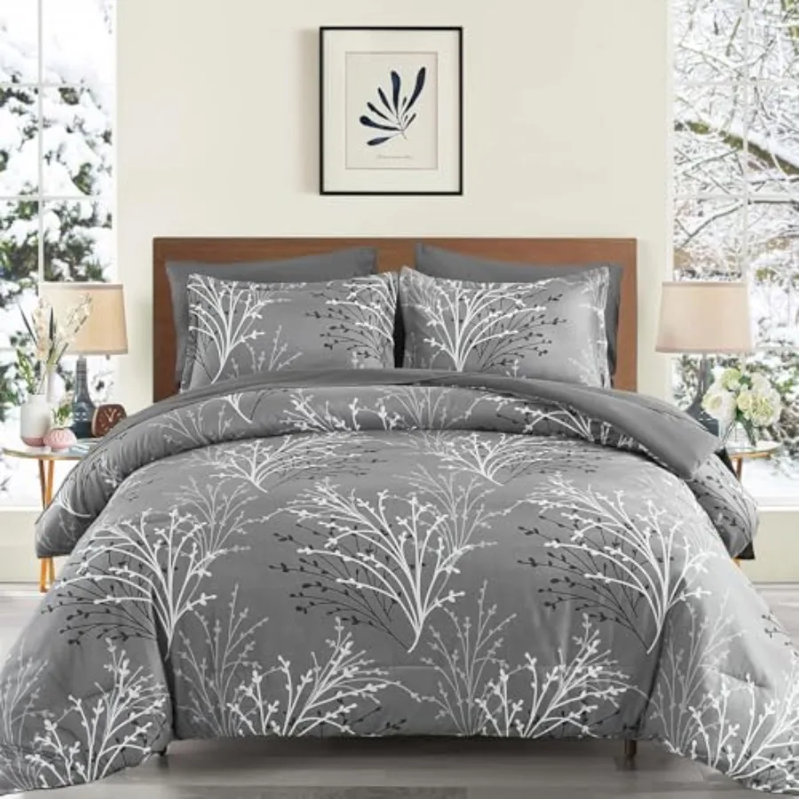 

Gray Comforter Set Size Branch Botanical Bed in a Bag 7 Pcs Floral Comforter - Soft Microfiber Branches Pattern Bedding Set for