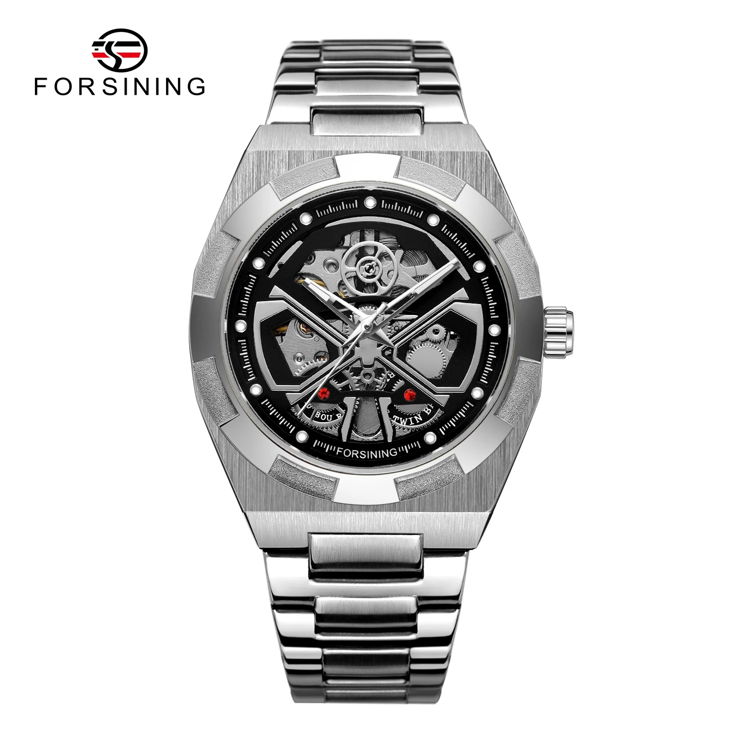 2023 Forsining Top Brand New Men Mechanical Automatic Business Full Stainless Steel Montre Homme Luminous Hands Skeleton Watches