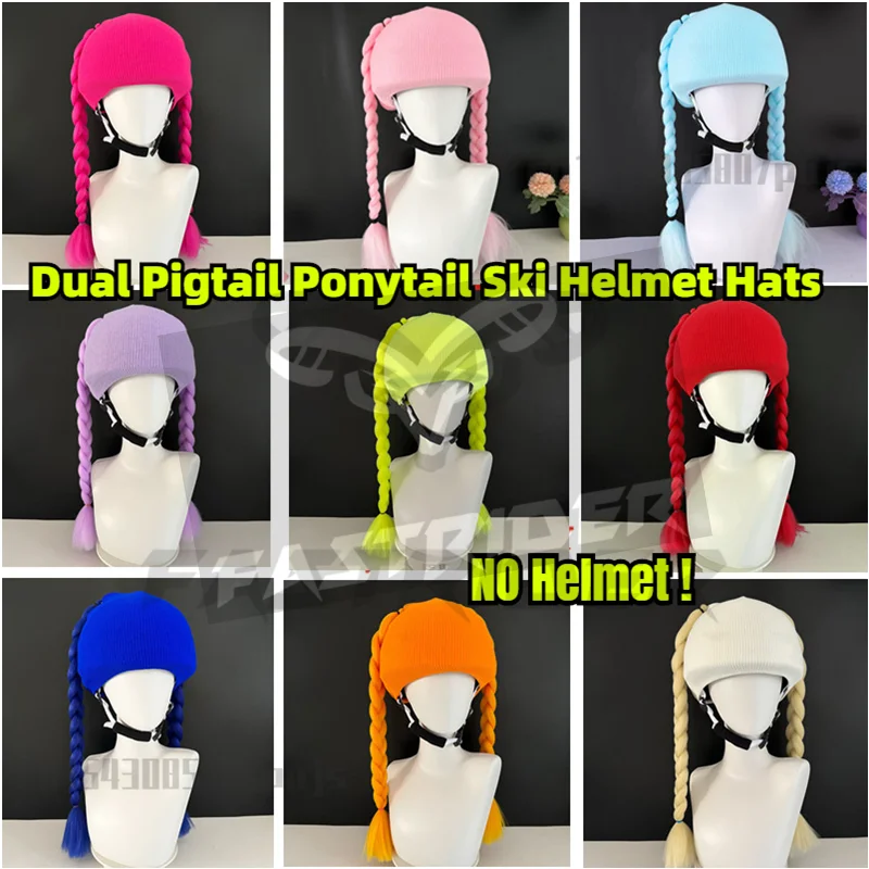 

Ski Helmet Dual Pigtail Ponytail Headgear Colorful Wig Braids Hats Motorcycle Helmet Knitted Hood for Women Helmet Decoration