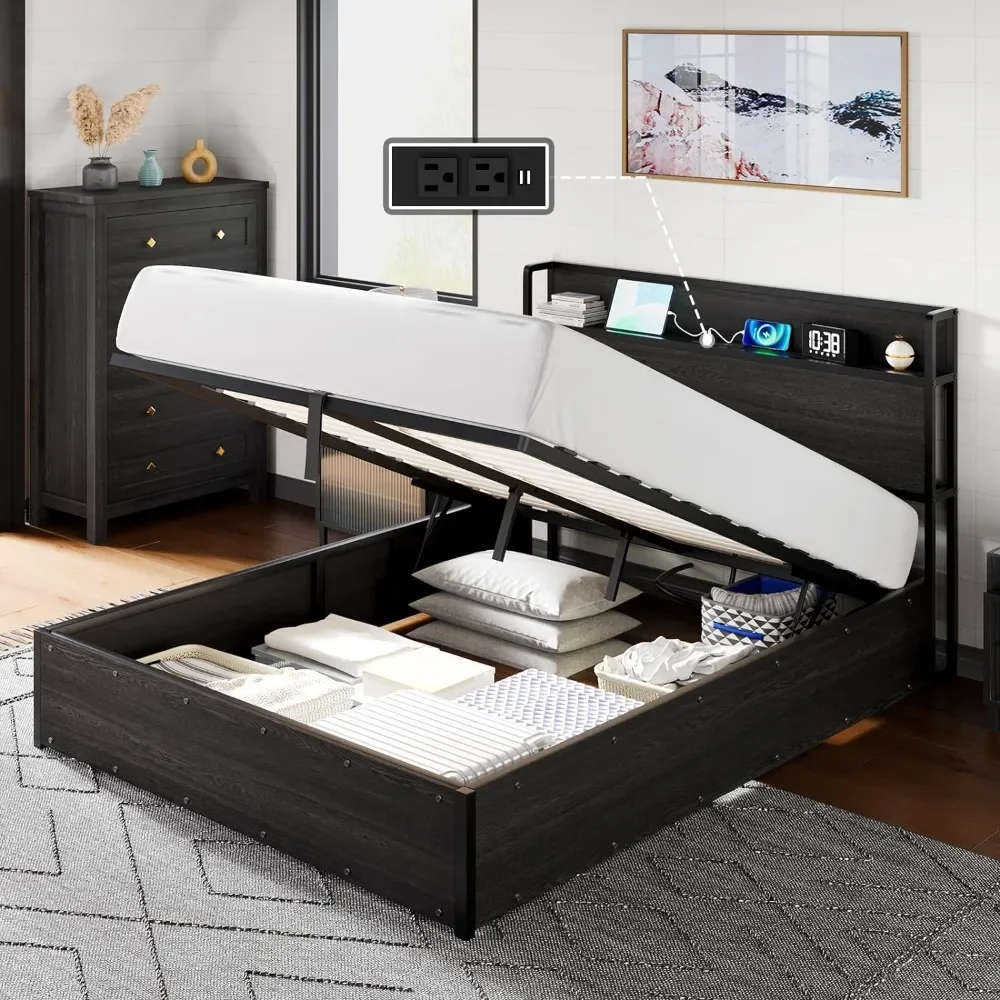 Large lift storage bed frame, wooden platform bed frame with lift storage and charging station, no box spring/no noise